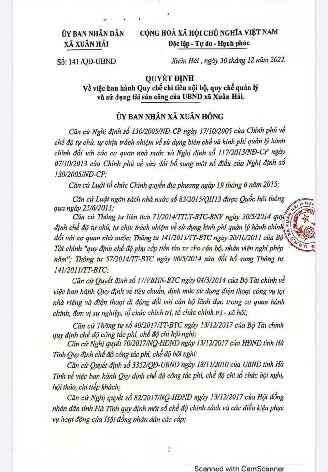 Quyết định về việc ban hành quy chế chỉ tiêu nội bộ, quy chế quản lý, và sử dụng tài sản công của UBND xã Xuân Hải